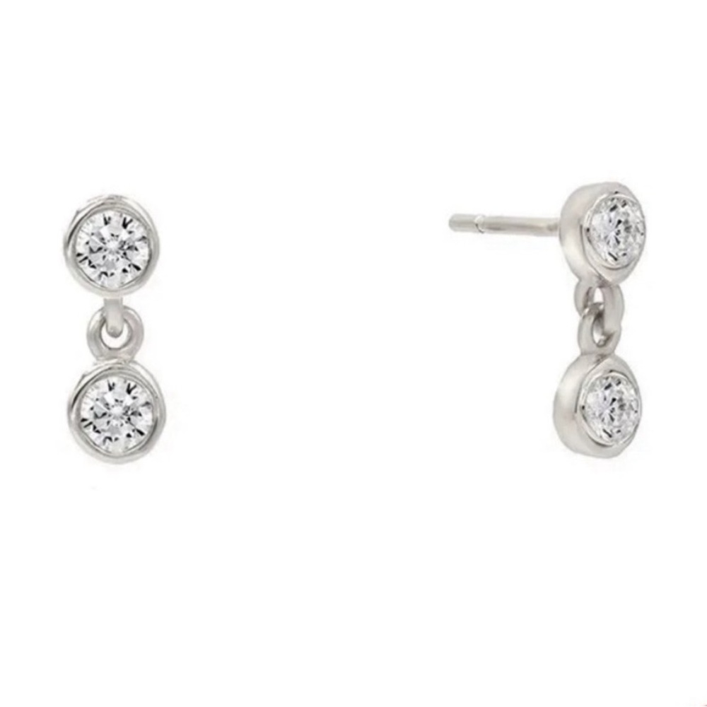 Nickel Free Double Bezel Stud Drop Earrings 925 Sterling Silver Cubic Zirconia